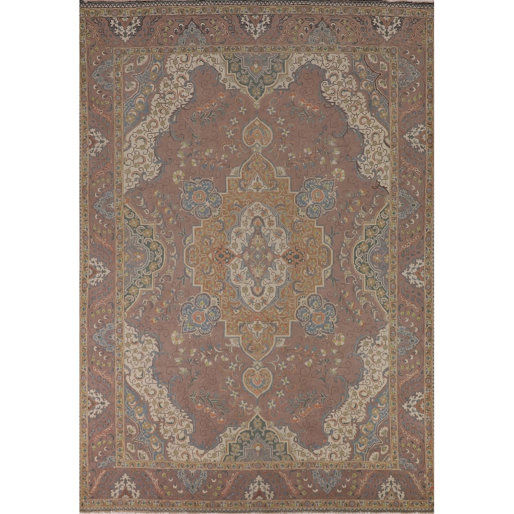 Brown Floral Tabriz Persian Vintage Area Rug Handmade Wool Carpet - 9'4"x 12'7"