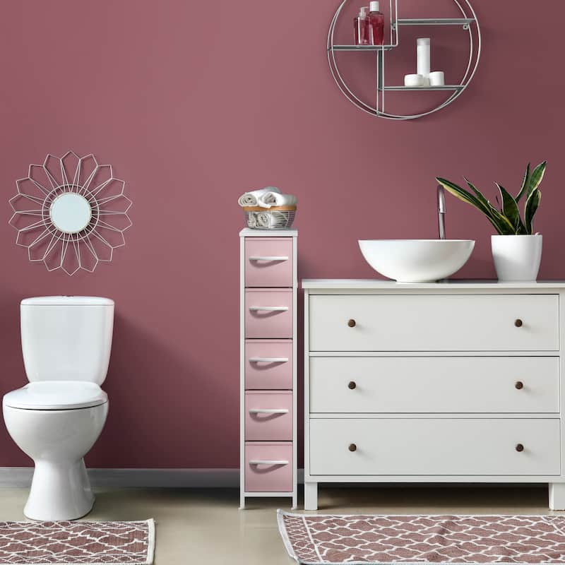 Sorbus Narrow Dresser with 5 Drawers - Vertical Slim Storage Chest of Drawers with Steel Frame, Wood Top & Easy Pull Fabric Bins