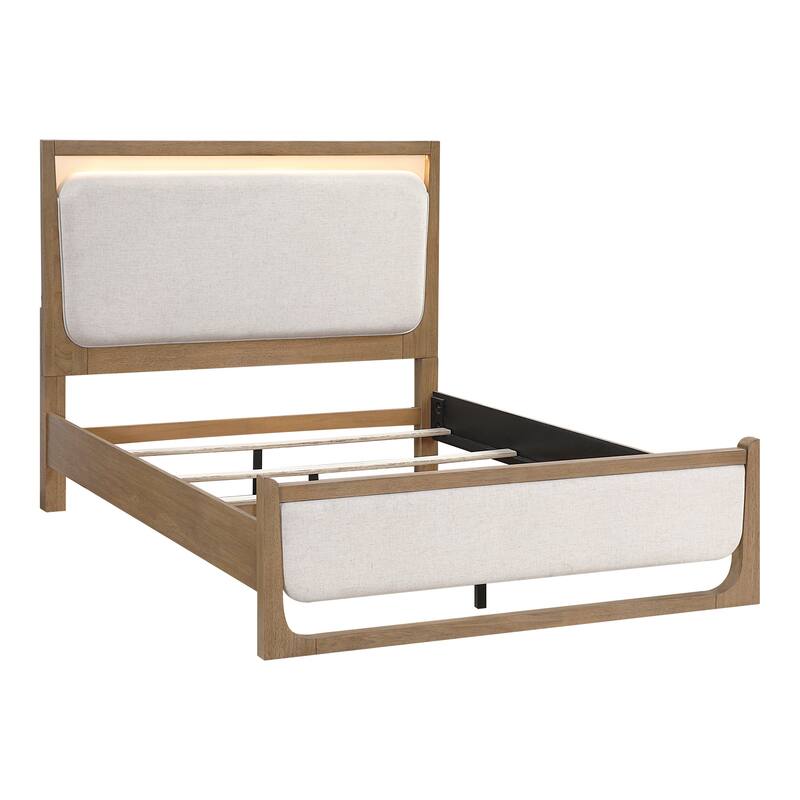 Light Brown Finish Contemporary Design Bed with LED Upholstered Headboard Footboard