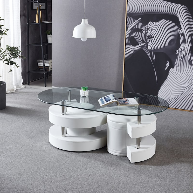 3 Pcs Oval Coffee Table Set with Tempered Glass Table 2 Leather Stools ...
