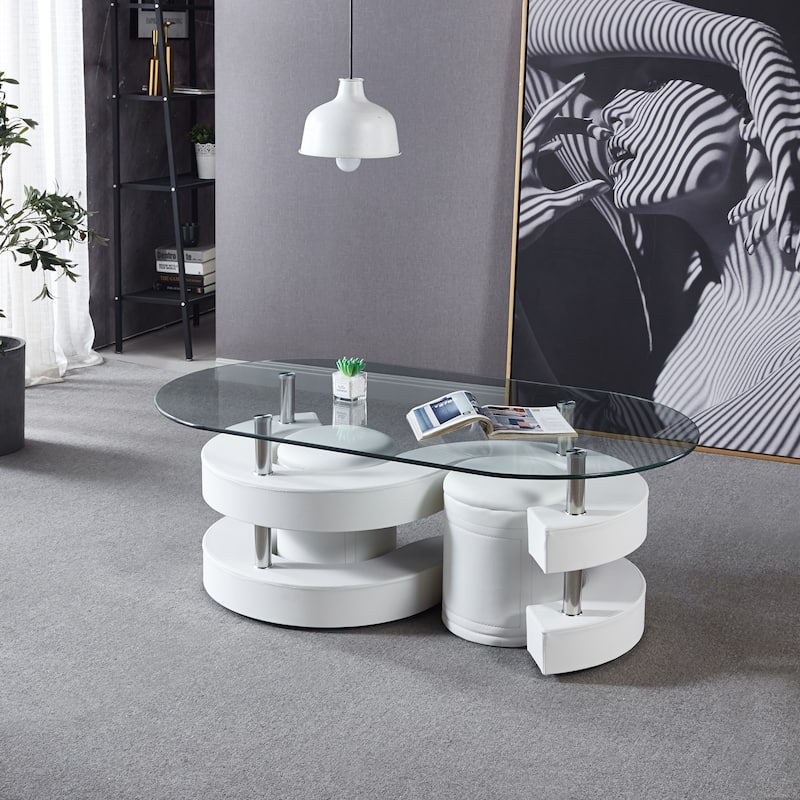 3 Pcs Oval Coffee Table Set with Tempered Glass Table 2 Leather Stools