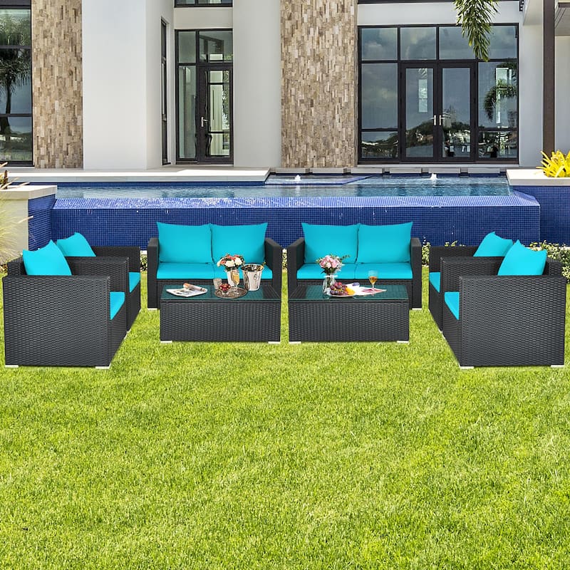 Costway 8PCS Patio Rattan Cushioned Sofa Chair Coffee Table Turquoise - See Details - Black & Turquoise - See Details