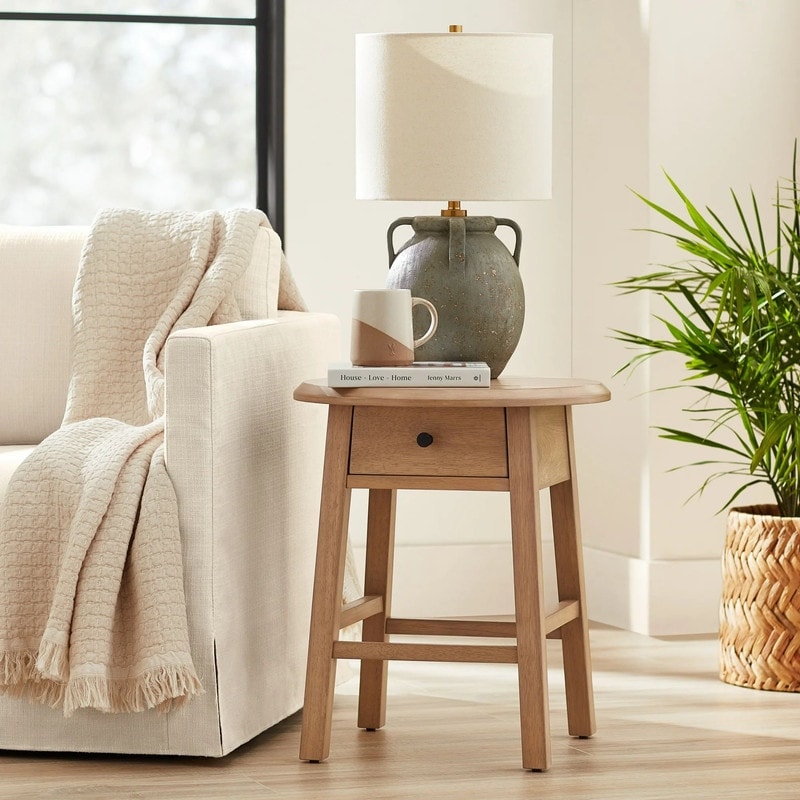 Mid-Century Woven Side Table with Storage & Brass Handles