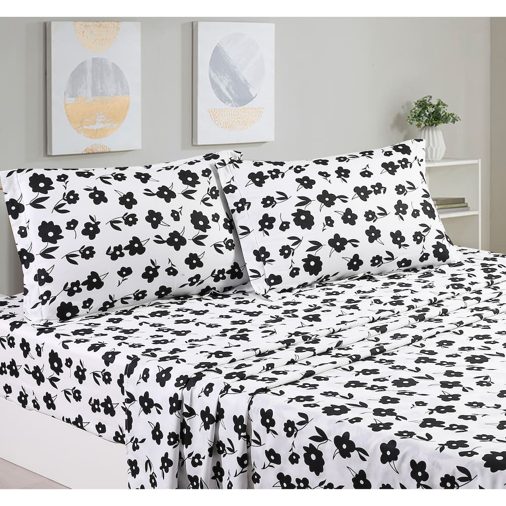 Hepburn Black White Floral Pure Cotton Sheet Set with Pillowcase