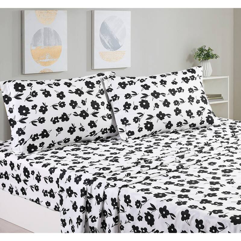 Hepburn White Black Floral 100% Cotton Sheet set with pillowcase