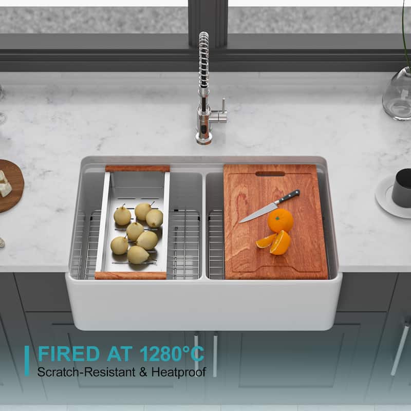 33" White Farmhouse Sink Workstation - 33 x 20 x 10 inch White Ceramic Porcelain Double Bowl Farm Kitchen Sink