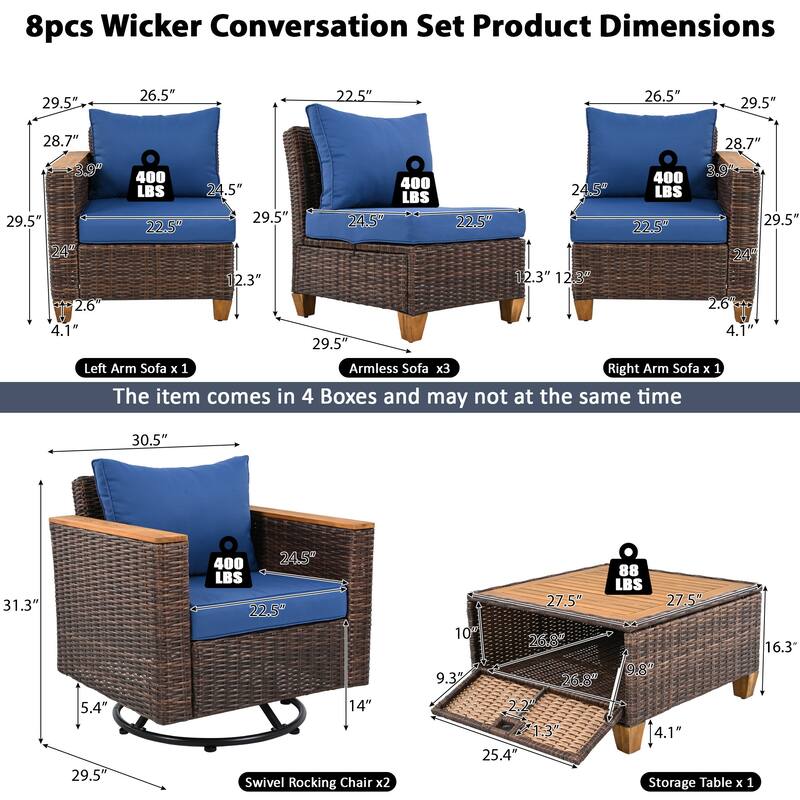 8-Piece Patio Furniture Set with Storage Table and Rattan Swivel Rocking Chairs, Outdoor Wicker Conversation Set for Backyard