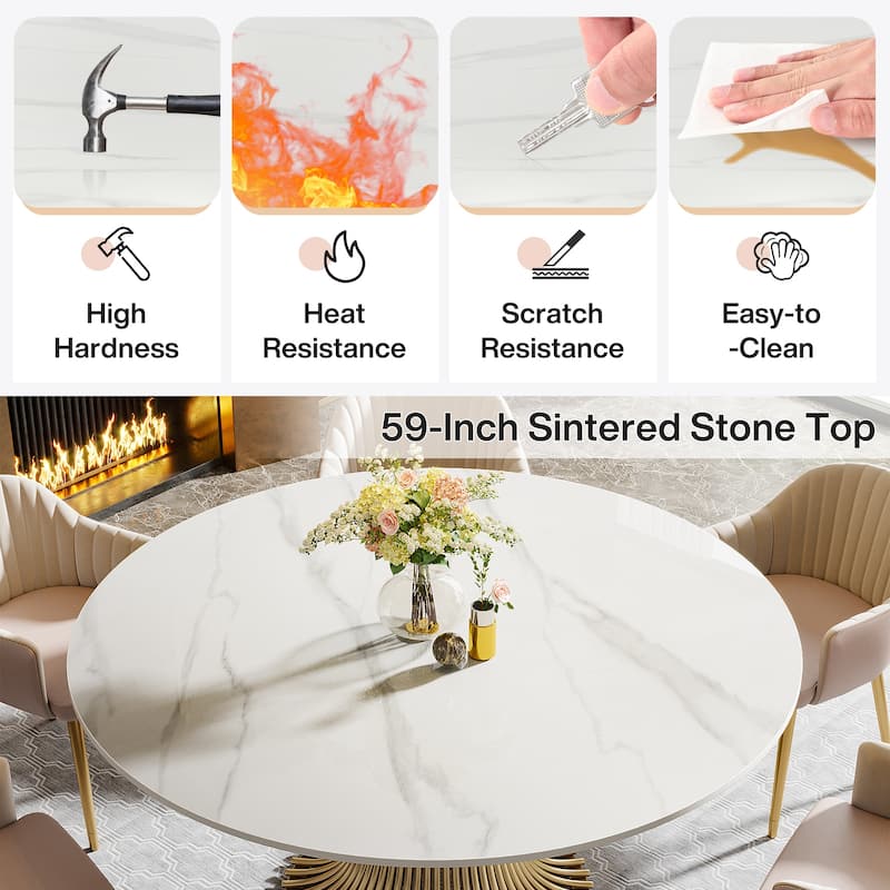 59" Luxury Round Sintered Stone Dining Table with Gold Pedestal for 6-8 People - 59"D*29"H