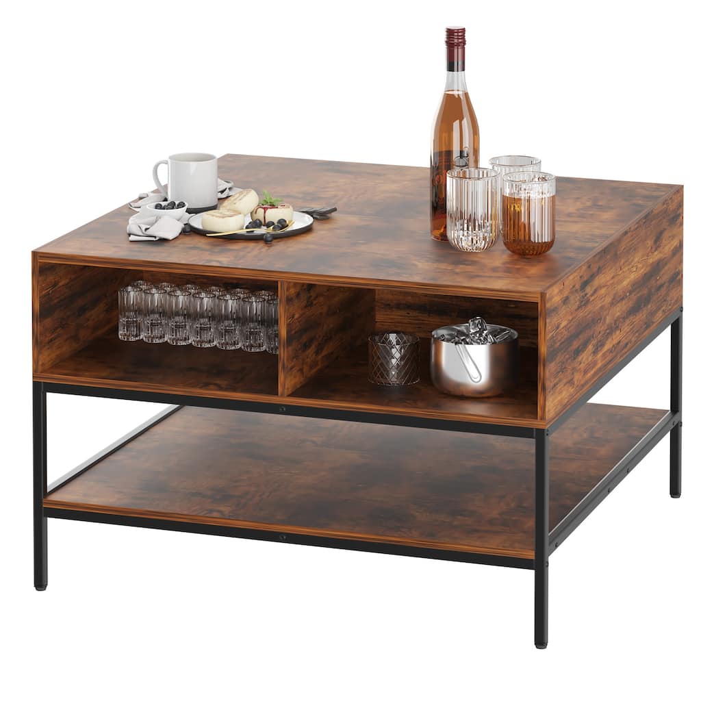 Farmhouse Flip Top Coffee Table with Storage - 31.5" Rustic Wood Grain Table, Hidden Storage Compartment for Living Room