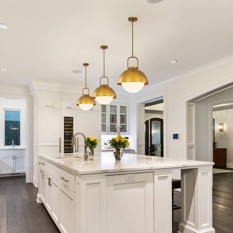 1-Light Gold Finish Modern Pendant Light Fixture with Opal Glass Shade for Dining Room or Kitchen Island