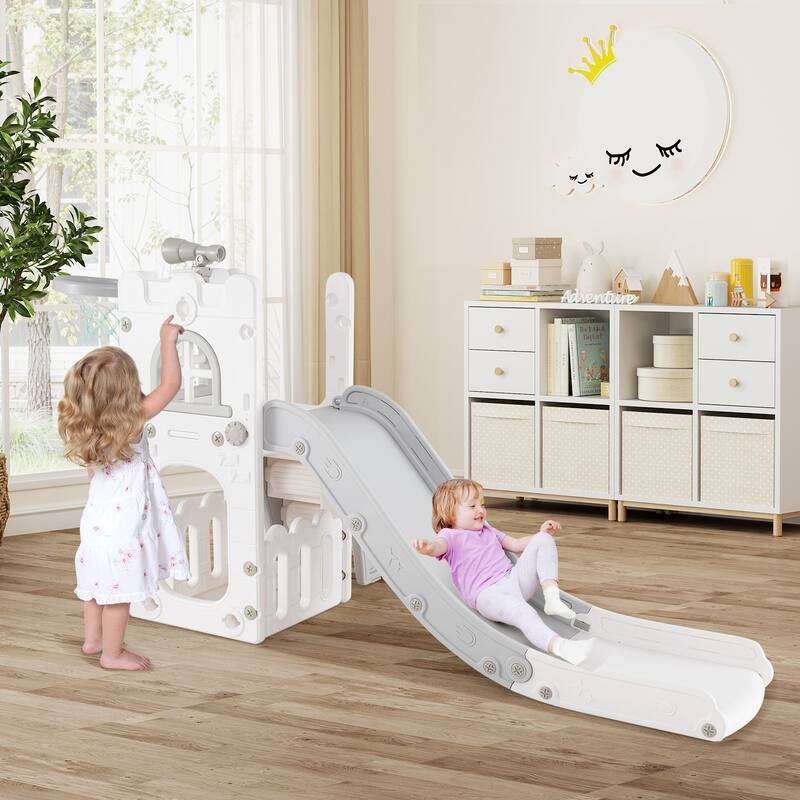 6 in 1 Toddler Slide and Playset for Kids with Basketball Hoop Climber Telescope and Storage - 27" x 57" x 33.5" (L x W x H)