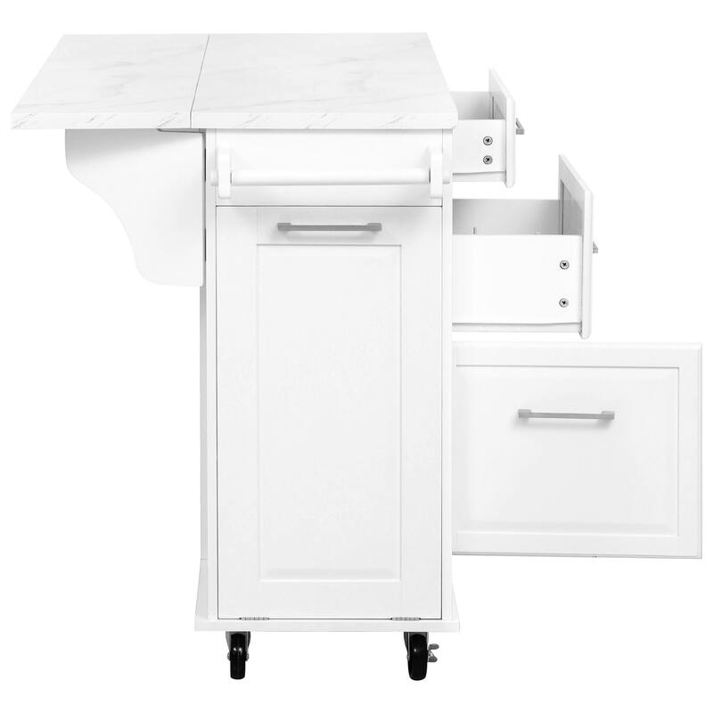 50.7"Kitchen Island with Tilt Trash Can and Pull Out Cabinet Organizer,Rolling Island on 5 Wheels with Drop Leaf,2 Drawers