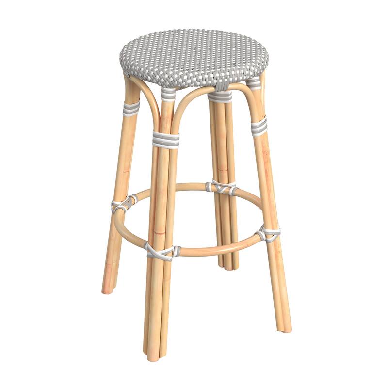 Tobias Rattan Round Bar Stool - Gray/White Dot / Natural Rattan Frame