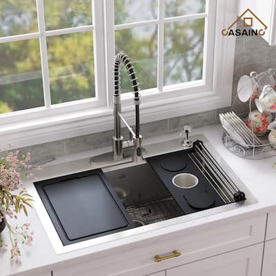 Handmade All-in-One Drop-In 2-hole 33 in. Single Bowl 18 Gauge Stainless Steel Workstation Kitchen Sink with Spring Neck Faucet