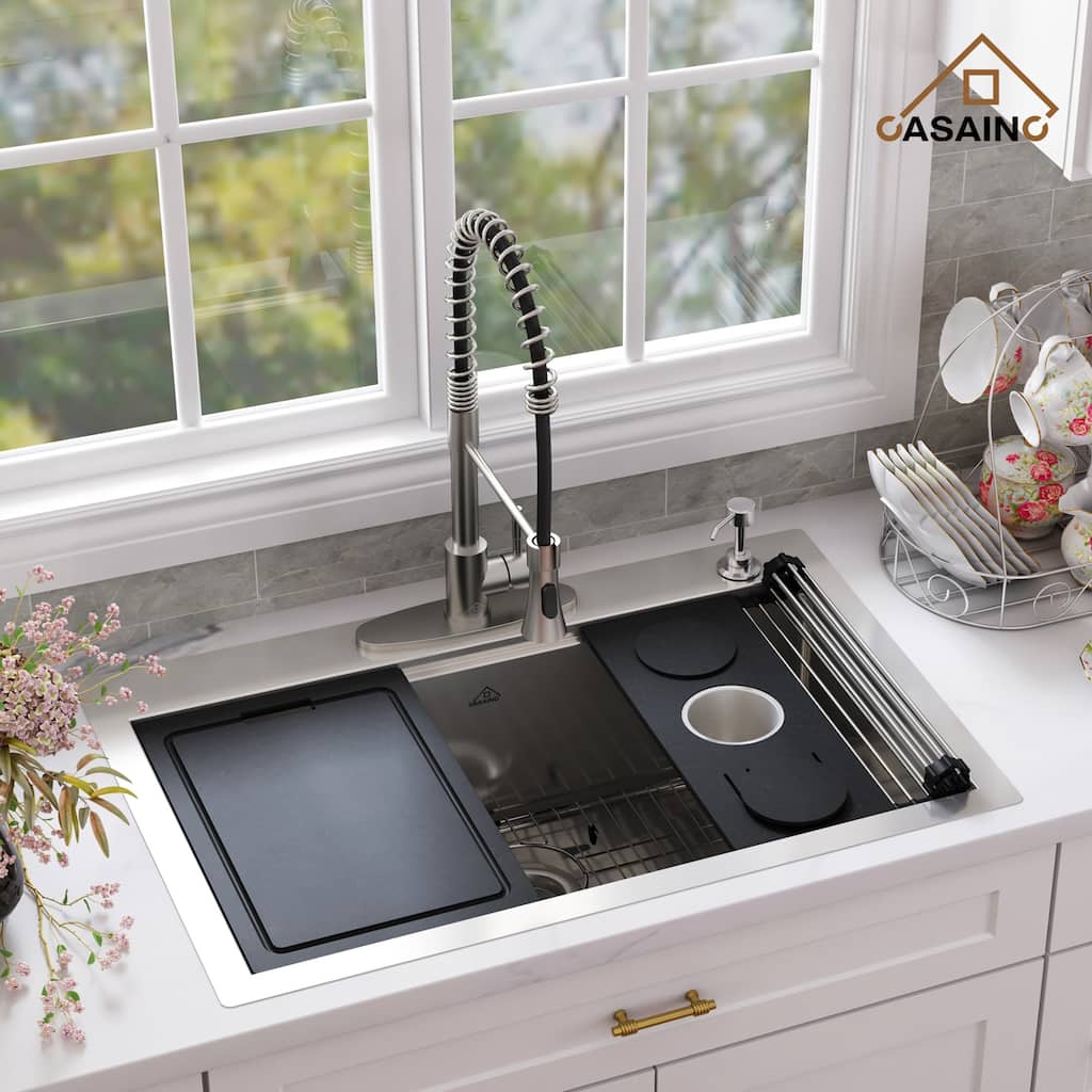 Handmade All-in-One Drop-In 2-hole 33 in. Single Bowl 18 Gauge Stainless Steel Workstation Kitchen Sink with Spring Neck Faucet