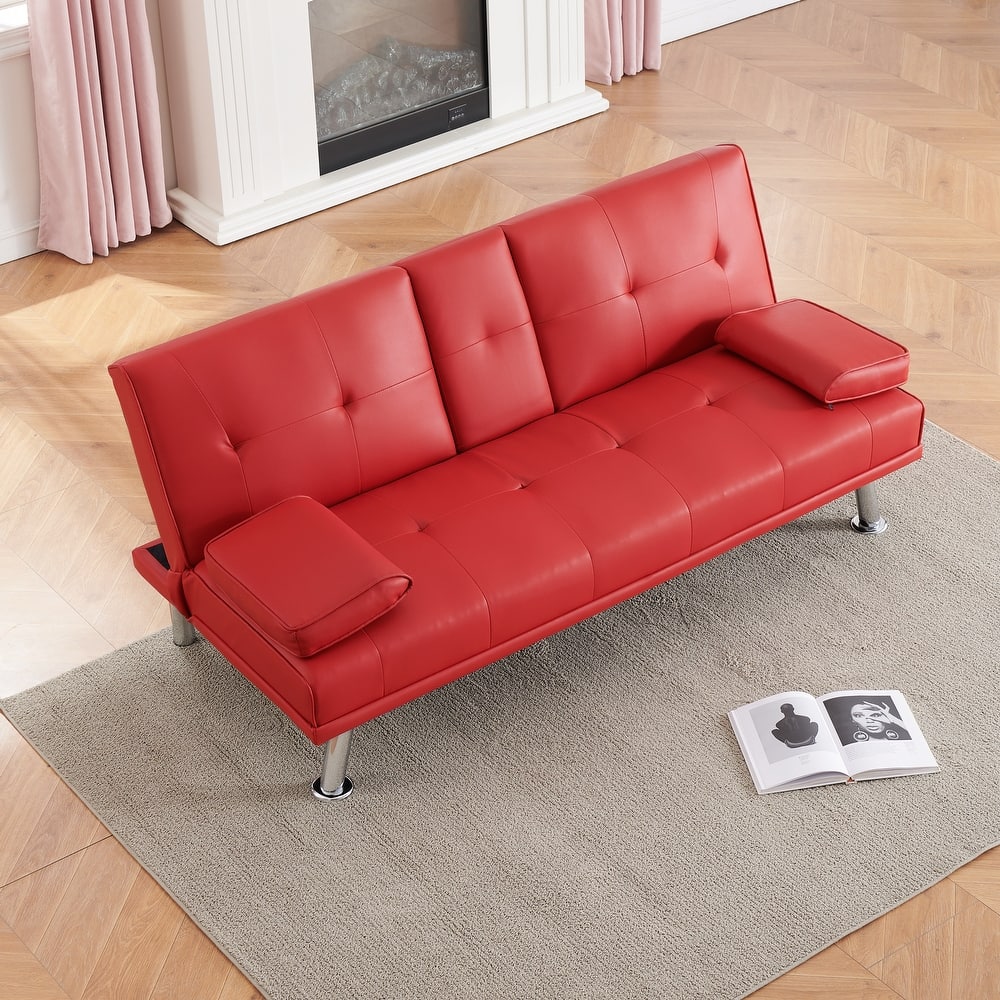 Adjustable Loveseat Couch PU Leather Sleeper Sofa Bed w/ Folding Table