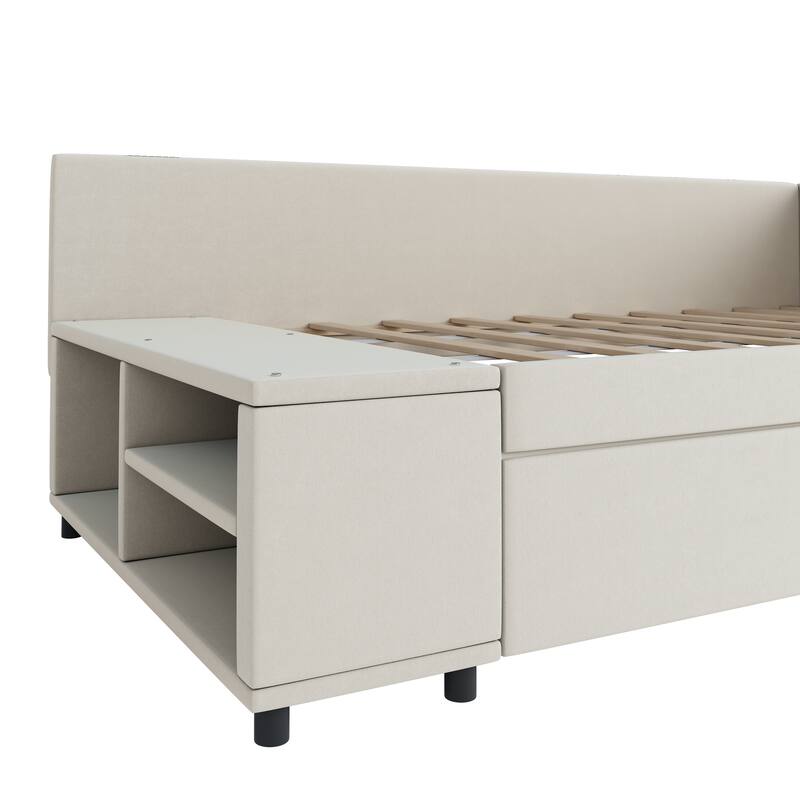 L-Shaped Twin Size Upholstered Platform Bed with Storage Drawers, Beige