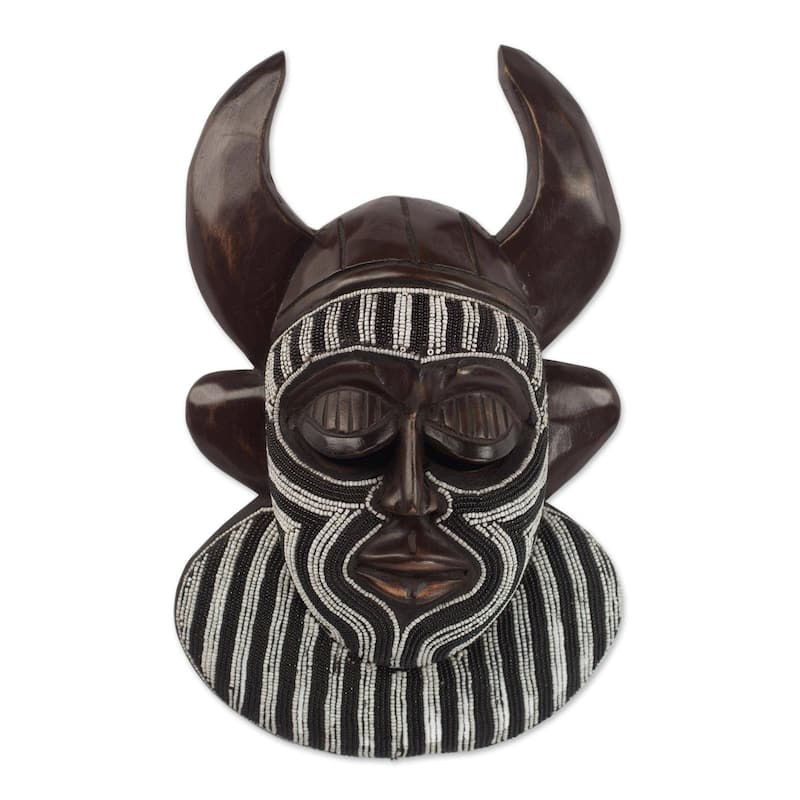 Handmade Kafo Horns African Beaded Wood Mask (Ghana) - 13" H x 8" W x 3.3" D