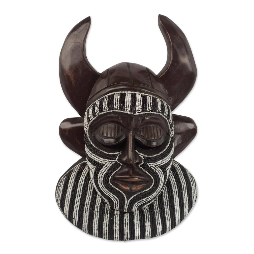 Handmade Kafo Horns African Beaded Wood Mask (Ghana) - 13" H x 8" W x 3.3" D