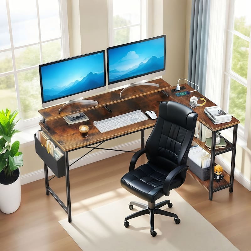 GDF Studio - Beaumont Modern Industrial Reversible L-Shape Computer Desk with Power Outlets