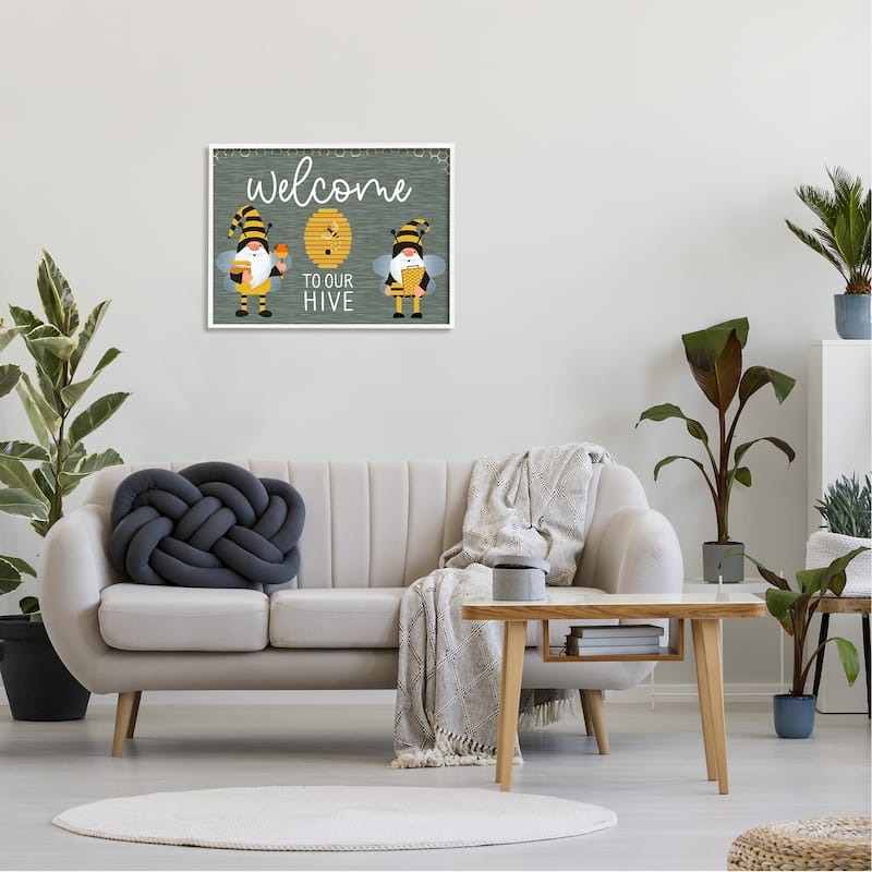 Stupell Welcome To Our Hive Honey Bee Garden Gnomes Typography Framed Wall Art - Grey