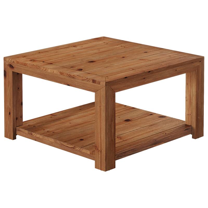 Square Solid Wood Coffee Table, Open Storage Shelf Living Room Center Cocktail Accent Table