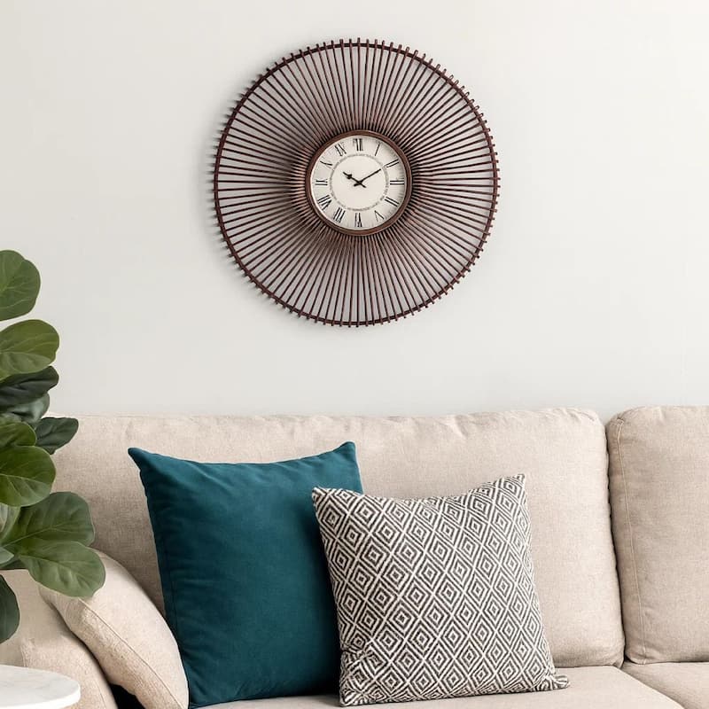 Wall Clock Set of 2 with Metal Fan Guard Design Frame, Brown