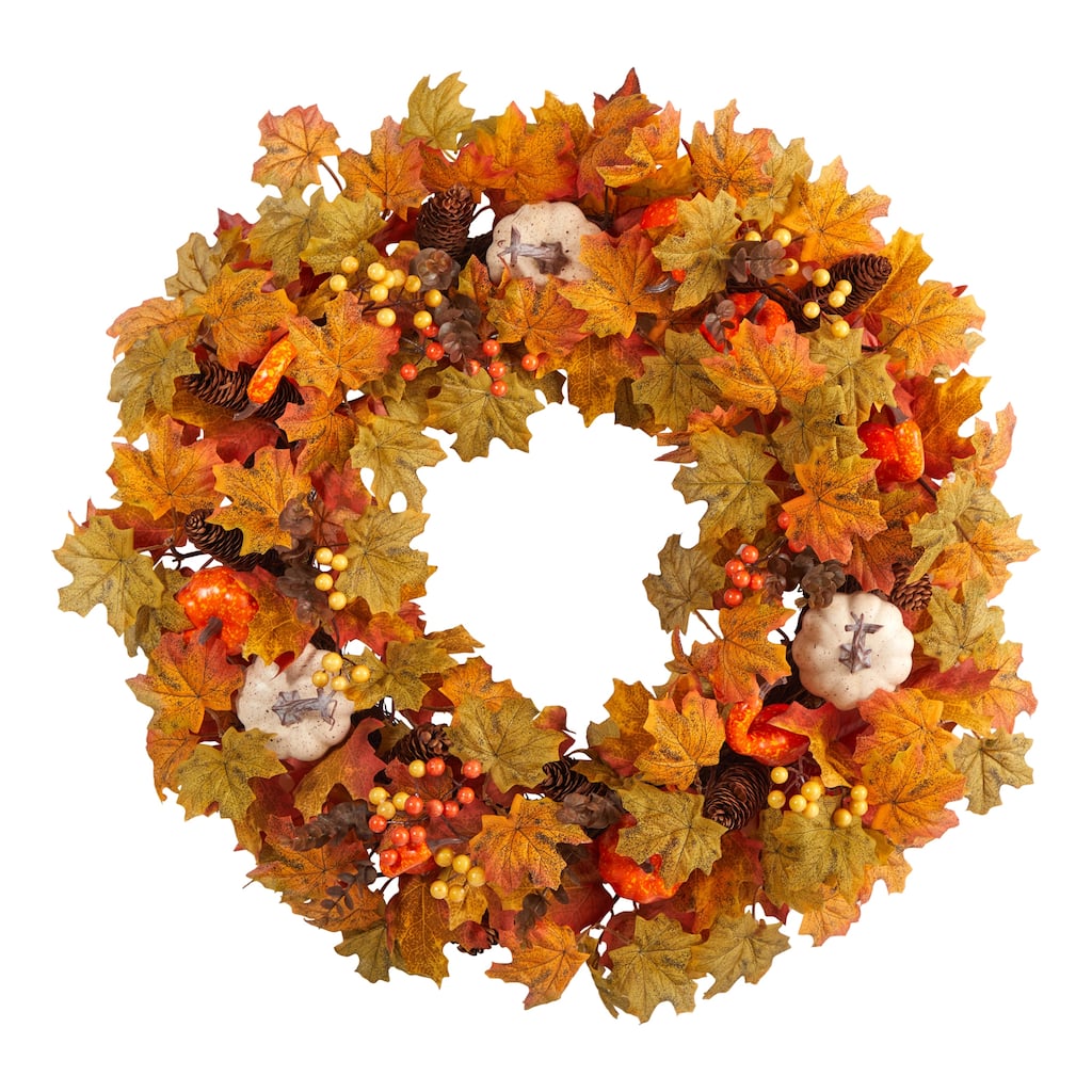 30" Autumn Pumpkin and Maple Leaf Artificial Fall Wreath - Green - 30