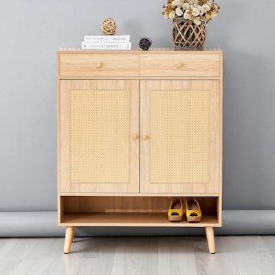 Modern Minimalist Shoe Cabinet with Drawers & Doors, Wood-Color MDF, Rattan Weave Accents, Narrow Entryway Storage 34.6" W