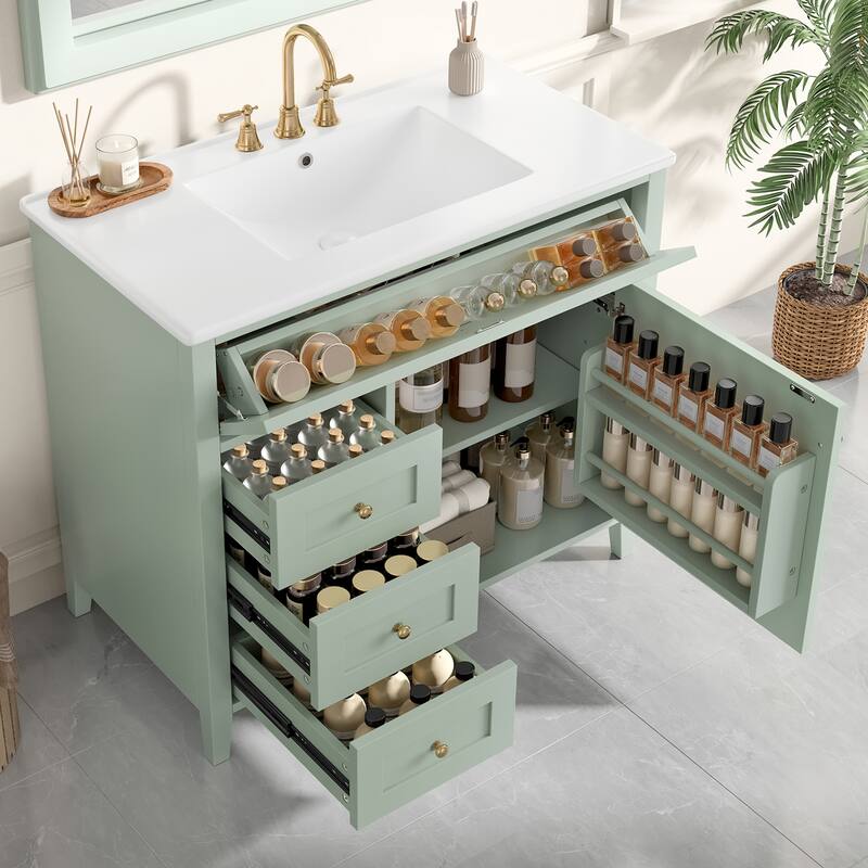 Roomfitters 36" Bathroom Vanity with Sink, Solid Wood Legs, 4 Drawers & Cabinet with Adjustable Shelf