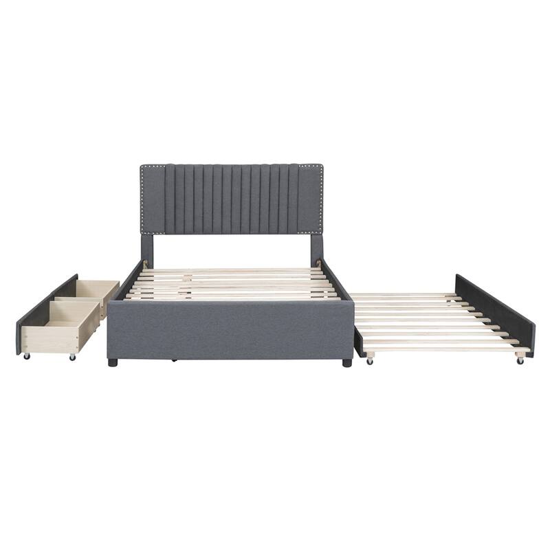 Upholstered Platform Bed with 2 Drawers and 1 Twin Size Trundle
