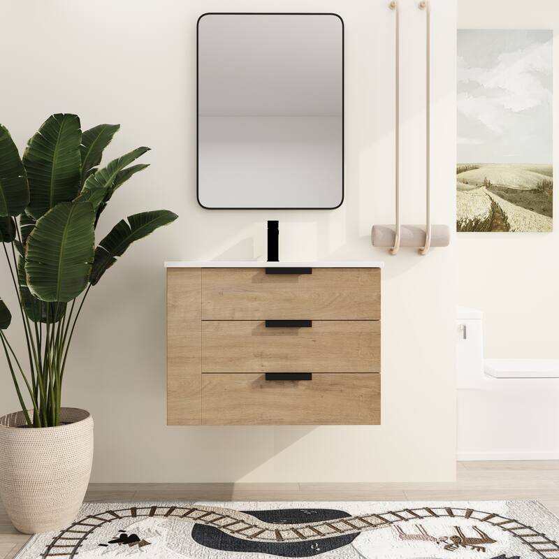 Malwee 30" Floating Bathroom Vanity, Wall Mounted Bathroom Vanity with Resin Sink,Soft Close Drawers and Side Adjustable Shelves