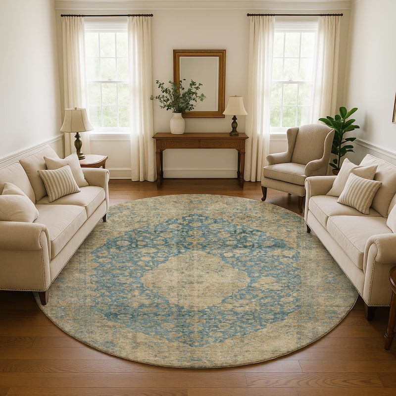 Premium Washable Super Soft Vintage Traditional Mayfield Rug - Blue - 8' x 8'