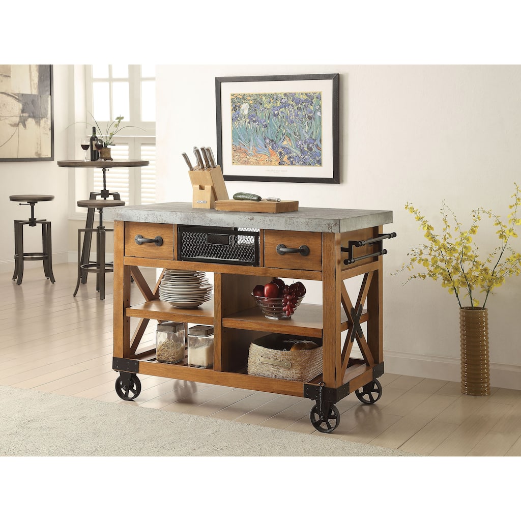Geren Antique Oak 2-Drawe Kitchen Cart with 2 Shelves