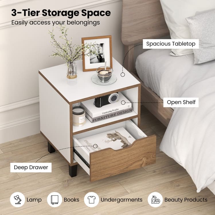Natural and White Nightstand with 3 Tier Storage Metal Legs and Color-Blocked Design