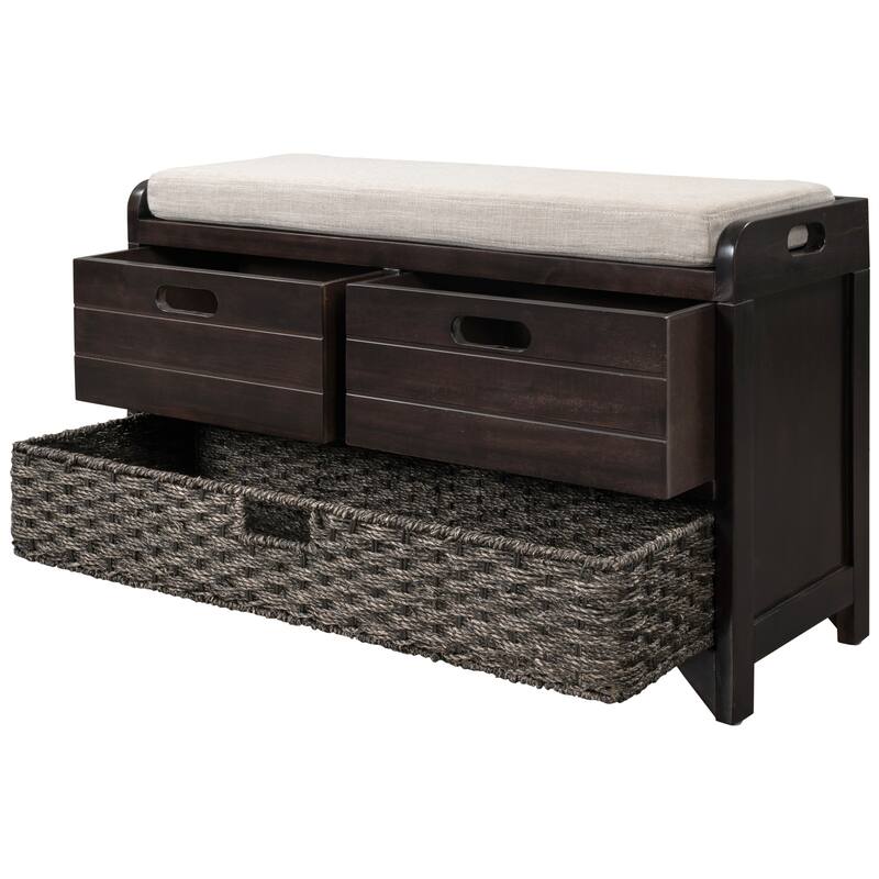 Storage Bench with Removable Basket & Drawers, Fully Assembled Benches Bench with Removable Cushion, for Entryway or Livingroom