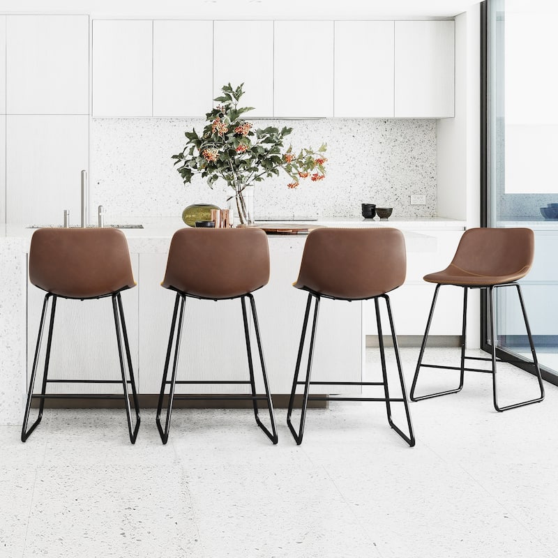 LUE BONA Modern Faux Leather Metal Frame Counter Height Bar Stools (Set of 4) - Dark Brown 24 in. - Counter Height