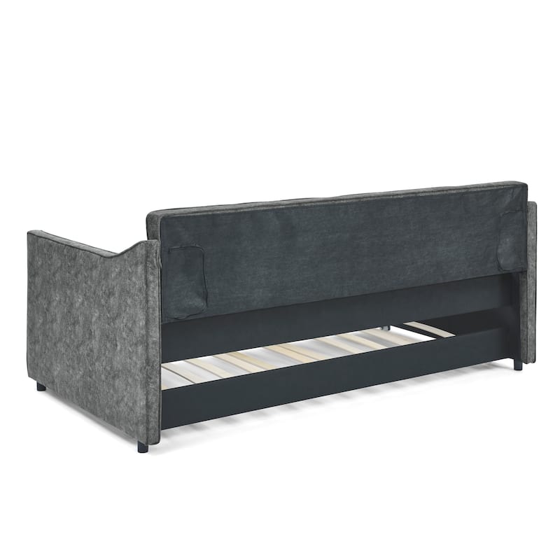 Twin Size Daybed with Twin Size Trundle Upholstered Tufted Sofa Bed, Waved Shape Arms, Grey (80.5"x44.5"x33.5")