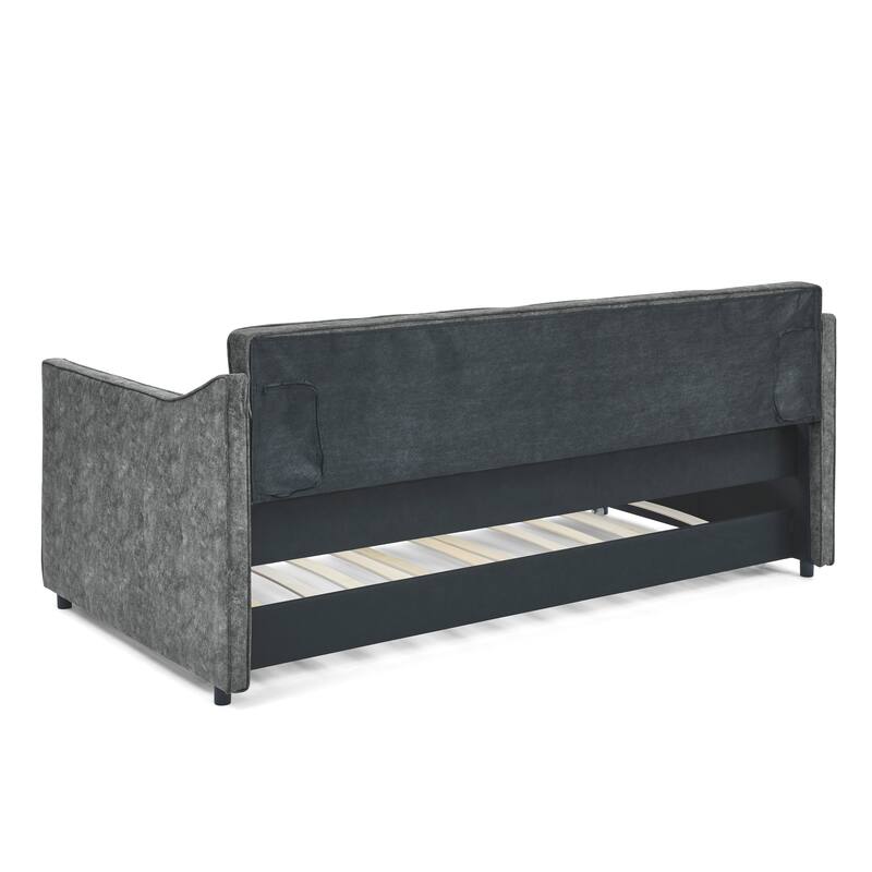 Twin Size Linen Upholstered Daybed Frame with Trundle & Tufted Backrest