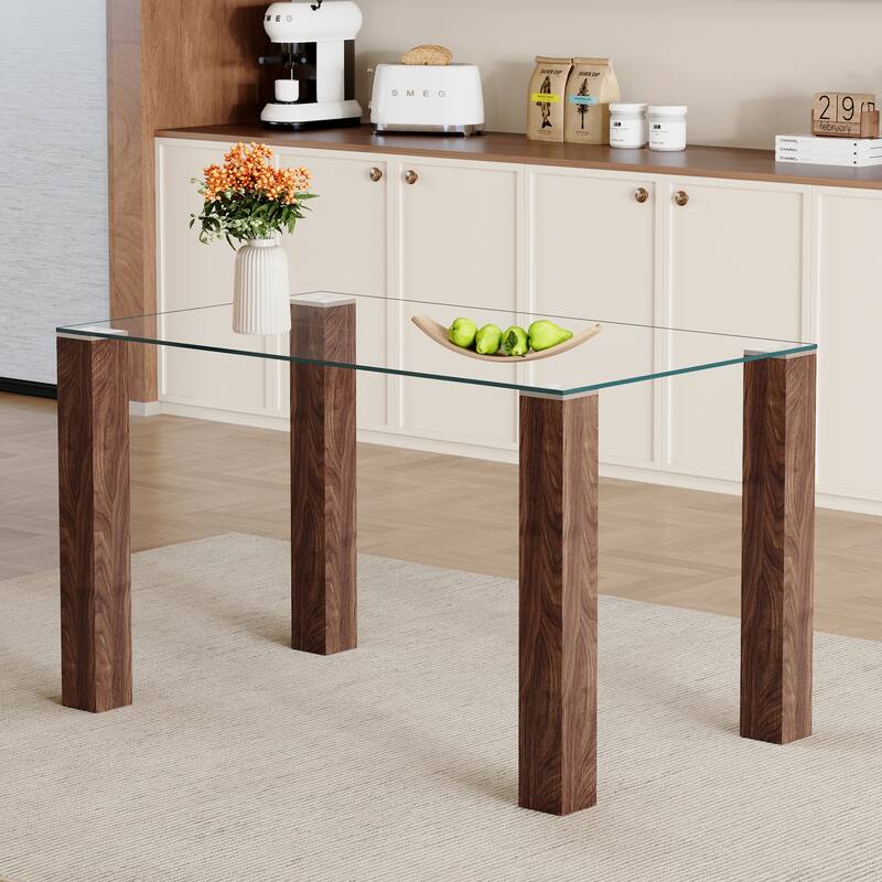Roomfitters Glass Dining Table with 49.6 Inch Tempered Top and Walnut MDF Legs for Modern Home Interiors - Walnut
