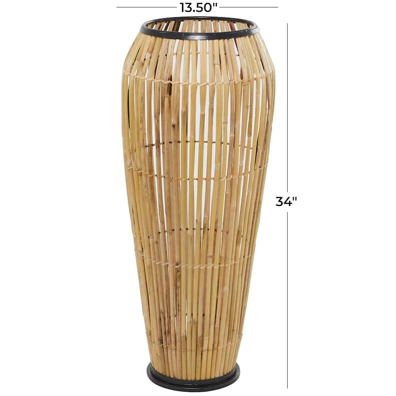 Brown Wicker Wood and Rattan Handmade Slatted Frame Vase with Black Metal Accents