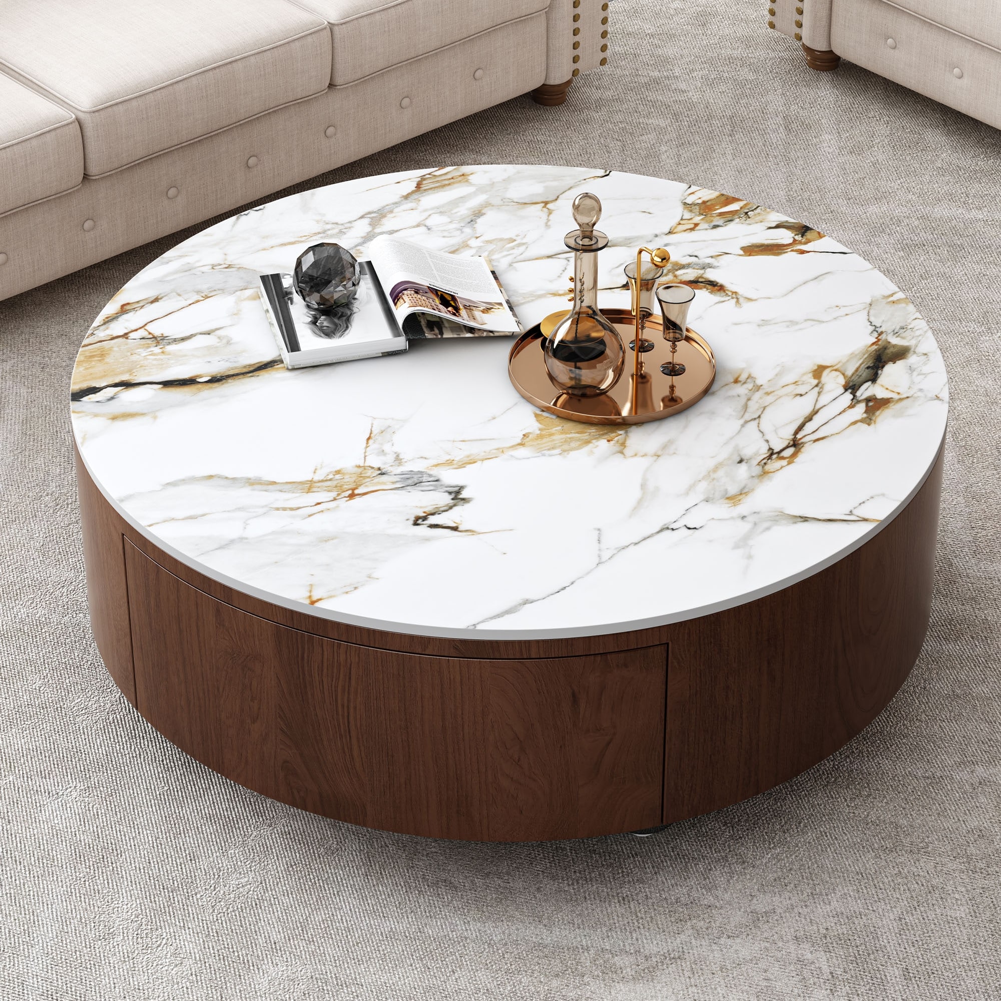 GDFStudio - Contemporary 35.4" Round Coffee Table with Sintered Stone Faux Marble Top and 2 Soft-Close Drawers