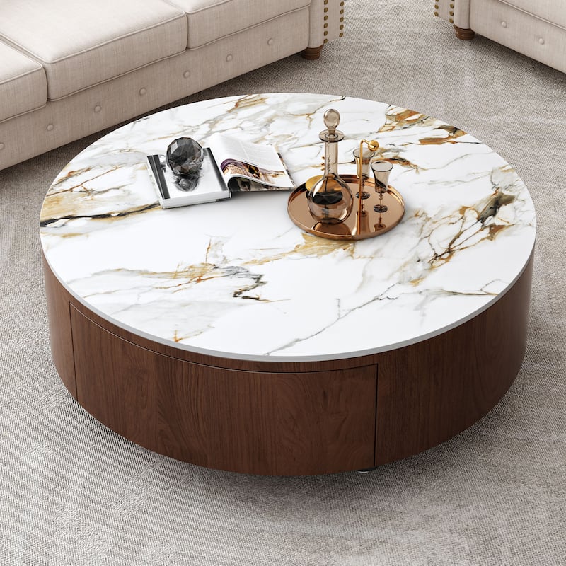 Round Coffee Table Wood Center Table with Faux Marble Tabletop, Hidden Storage Drawers and Brushed Stainless Steel Legs - Walnut