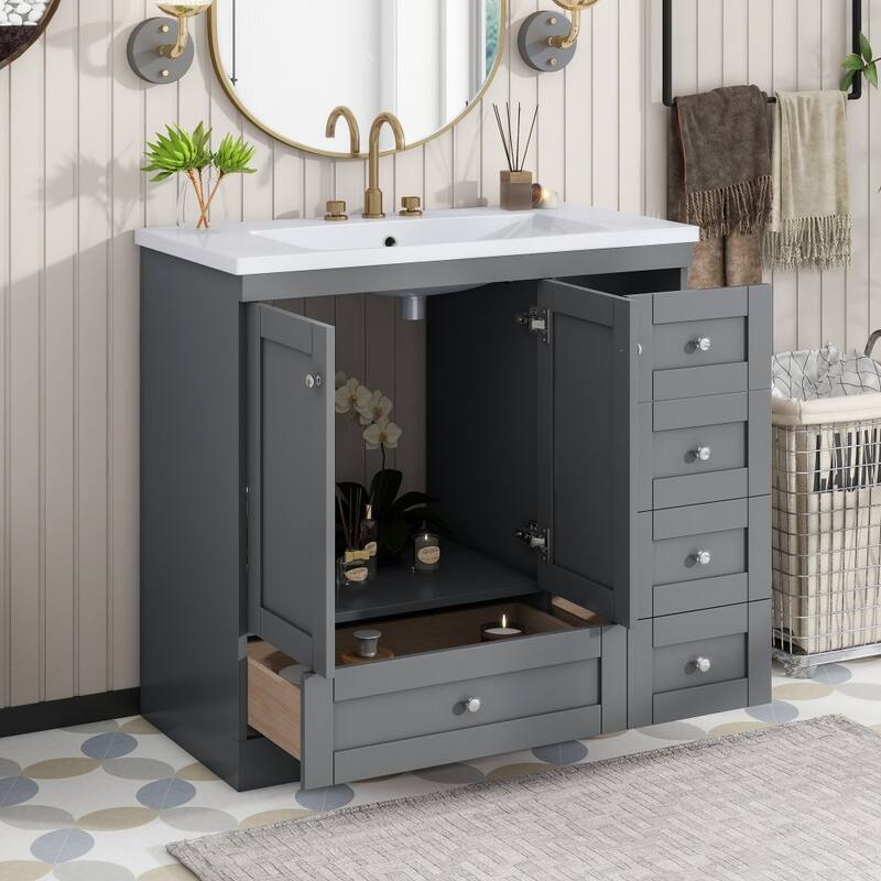 36'' Shaker Style Modern Free-standing Bathroom Vanity with Sink, 4 Drawers and 2 Doors - Grey