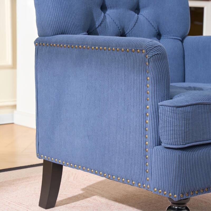 Anmytek Blue Accent Chair, Upholstered Button Armchair, Linen Fabric Sofa Chairs for Bedroom