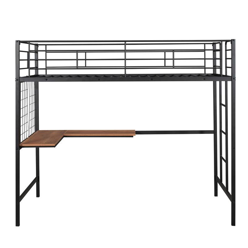 Metal Loft Bed with Desk, Ladder and Metal Grid for Kids, Teens, Girls, Boys