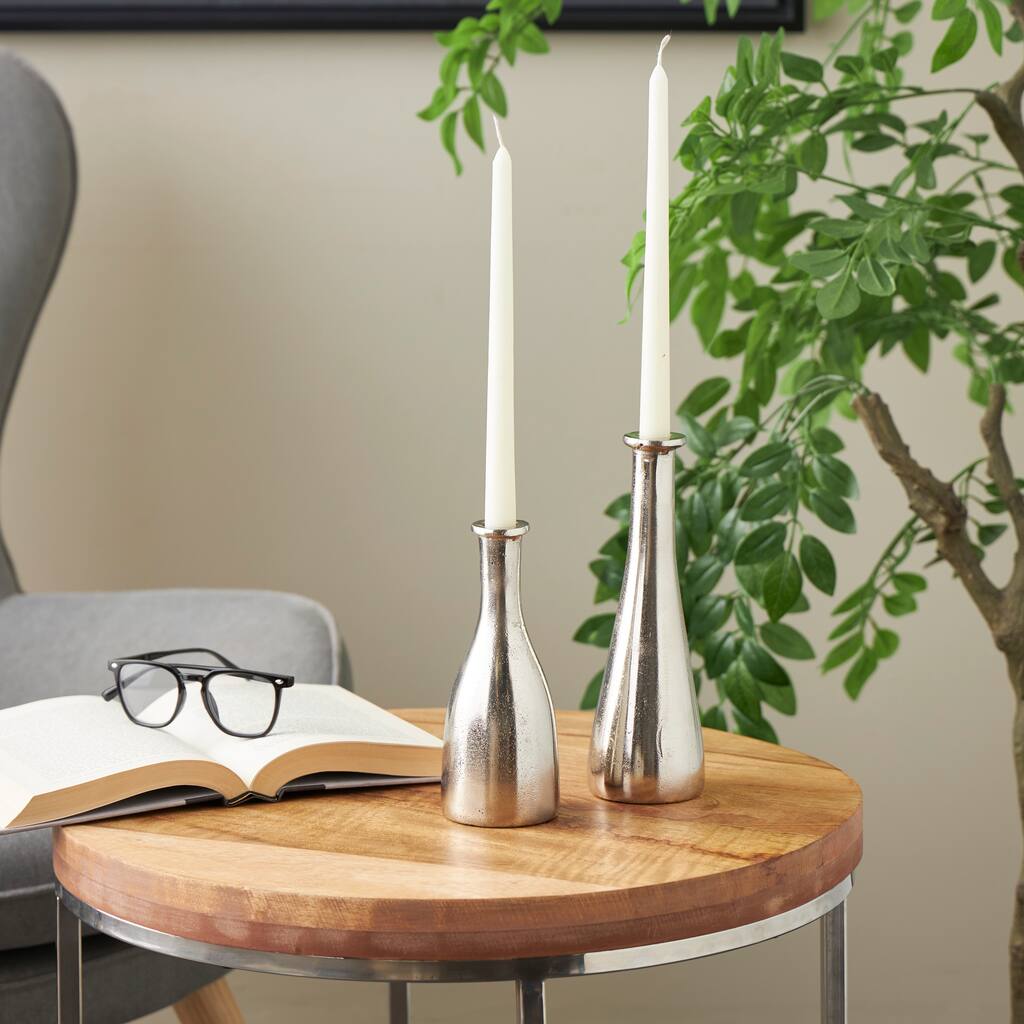 Silver Aluminum Metal Candle Holder with Varying Shapes (Set of 2)