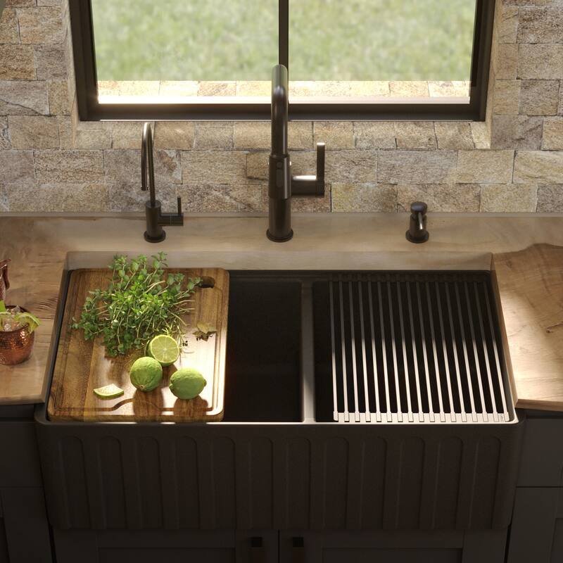 Karran 33" Double Bowl Workstation Fireclay Kitchen Sink with Reversible Fluted Apron Front