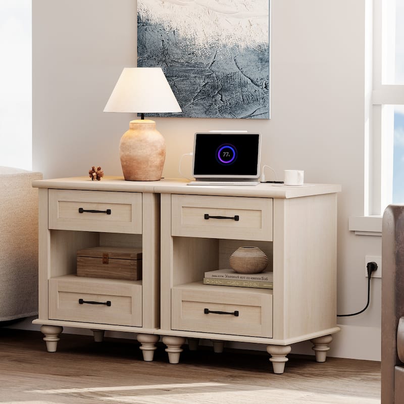 Mid Century End Table Nightstands with Charging Station & Drawer