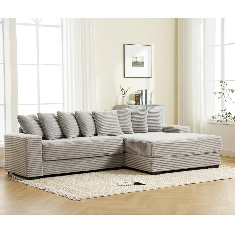Gray 111" Corduroy L-Shaped Sectional Sofa with Right Chaise & 8 Pillows
